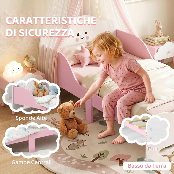 DecHome Letto Montessori per Bambini 3-6 Anni in Legno con Bordi Rialzati e Stampe per Cameretta colore Rosa