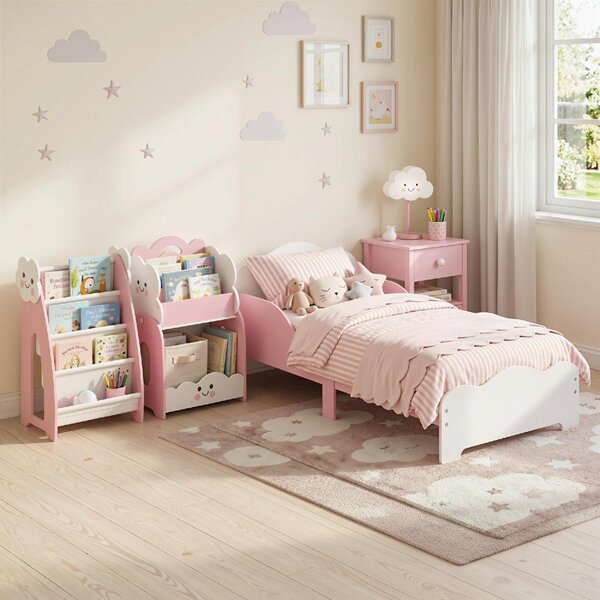 DecHome Letto Montessori per Bambini 3-6 Anni in Legno con Bordi Rialzati e Stampe per Cameretta colore Rosa