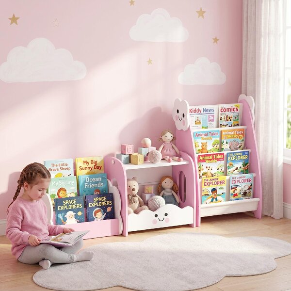 DecHome Libreria per Bambini in Legno con Portariviste a 3 Livelli e Comodino 85.5x32x72 cm colore Rosa/Bianco