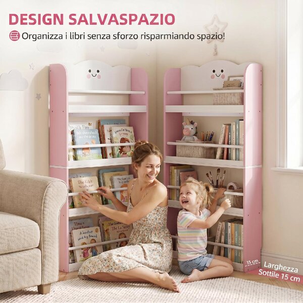 DecHome Libreria Montessoriana per Bambini 3-6 Anni con Tema Zucchero Filato 4 Ripiani in Legno per Cameretta colore Rosa