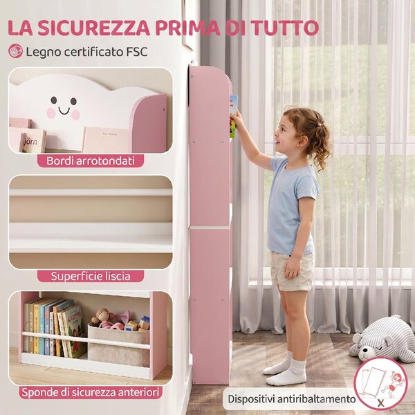 DecHome Libreria Montessoriana per Bambini 3-6 Anni con Tema Zucchero Filato 4 Ripiani in Legno per Cameretta colore Rosa