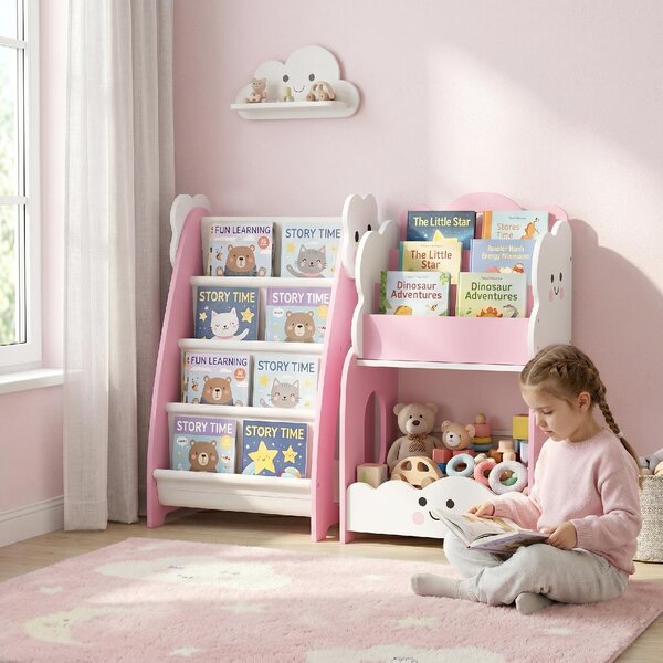 DecHome Libreria per Bambini in Legno con Portariviste a 3 Livelli e Comodino 85.5x32x72 cm colore Rosa/Bianco