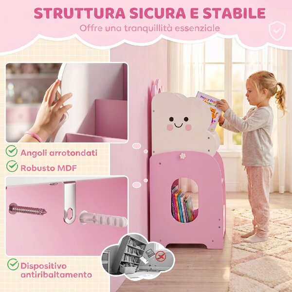 DecHome Libreria per Bambini in Legno con Portariviste a 3 Livelli e Comodino 85.5x32x72 cm colore Rosa/Bianco