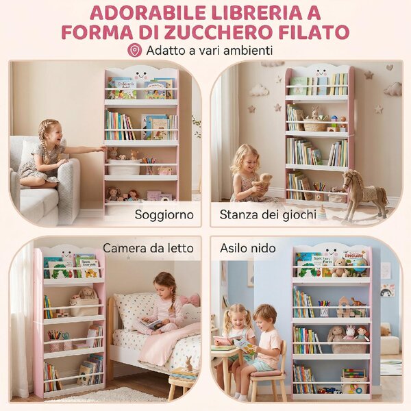 DecHome Libreria Montessoriana per Bambini 3-6 Anni con Tema Zucchero Filato 4 Ripiani in Legno per Cameretta colore Rosa
