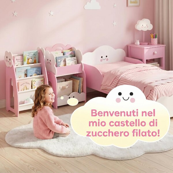 DecHome Libreria per Bambini in Legno con Portariviste a 3 Livelli e Comodino 85.5x32x72 cm colore Rosa/Bianco