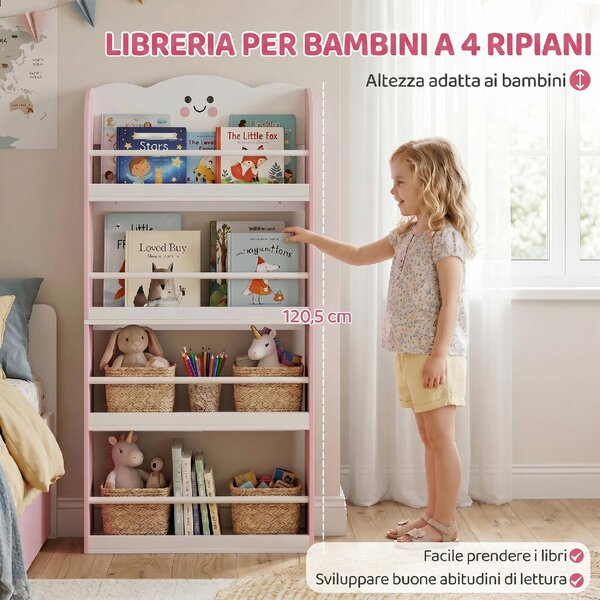 DecHome Libreria Montessoriana per Bambini 3-6 Anni con Tema Zucchero Filato 4 Ripiani in Legno per Cameretta colore Rosa