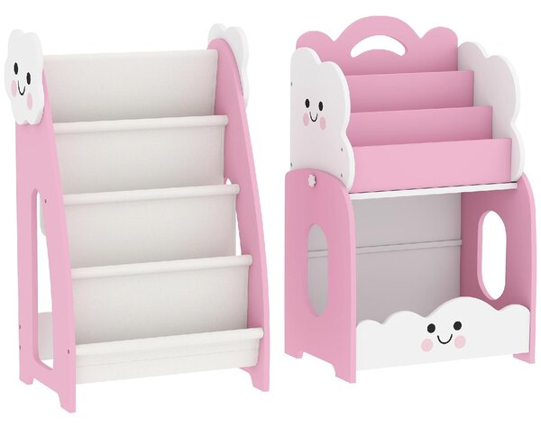 DecHome Libreria per Bambini in Legno con Portariviste a 3 Livelli e Comodino 85.5x32x72 cm colore Rosa/Bianco
