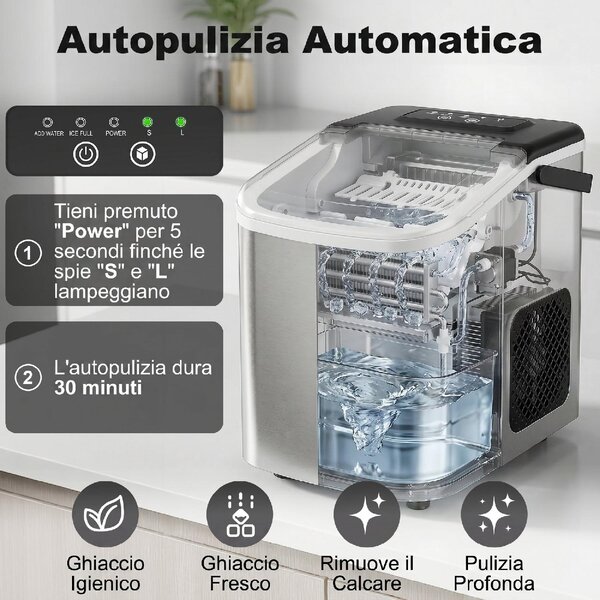DecHome Macchina Ghiaccio 12kg/24h 9 Cubetti in 7-10 Minuti con Sistema Autopulente colore Argento