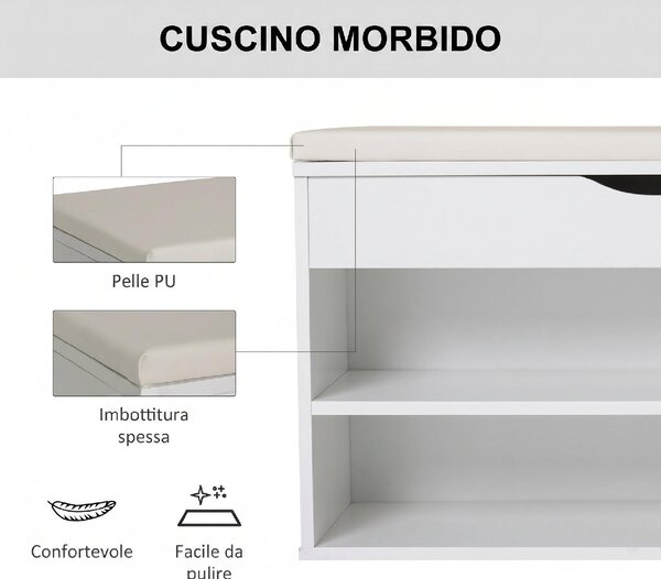 DecHome Panca Scarpiera 2 Ripiani 1 Vano superiore a Scomparsa Dimensioni 80x30x47 cm colore Bianco