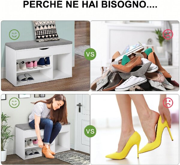 DecHome Panca Scarpiera 2 Ripiani 1 Vano superiore a Scomparsa Dimensioni 80x30x47 cm colore Bianco