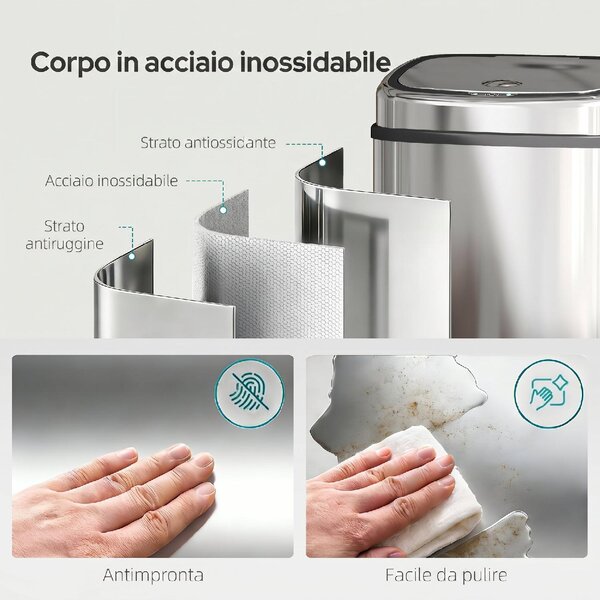 DecHome Pattumiera con Sensore a Infrarossi da 50L in Acciaio Inox con 2 Modalit di Apertura colore Argento