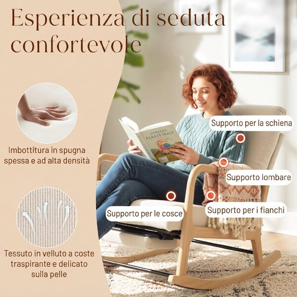 DecHome Poltrona a Dondolo Vintage in Velluto Dimensioni 70x89x97.5 cm colore Crema