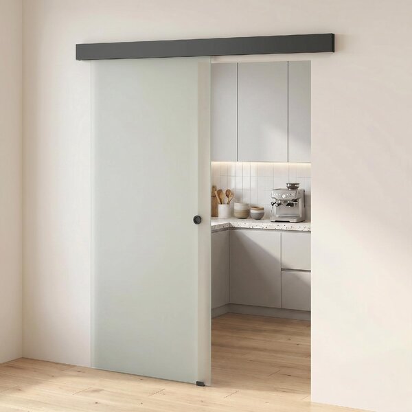 DecHome Porta Scorrevole in Vetro Temperato Sabbiato con Binario Silenzioso e Guida 77.5x205 cm colore Trasparente