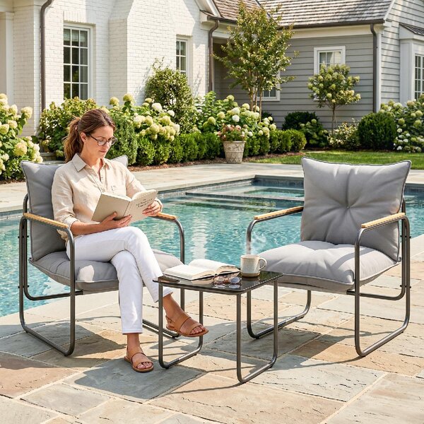 VivaGarden Salotto da Giardino con 2 Poltrone e Tavolino con Cuscini in Metallo/Texteline colore Grigio Scuro