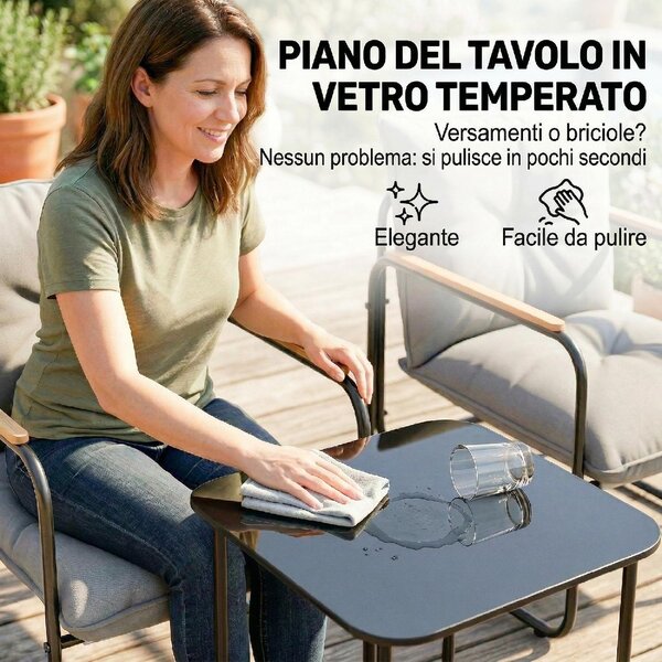 VivaGarden Salotto da Giardino con 2 Poltrone e Tavolino con Cuscini in Metallo/Texteline colore Grigio Scuro