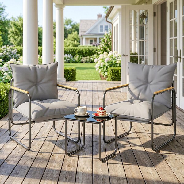 VivaGarden Salotto da Giardino con 2 Poltrone e Tavolino con Cuscini in Metallo/Texteline colore Grigio Scuro
