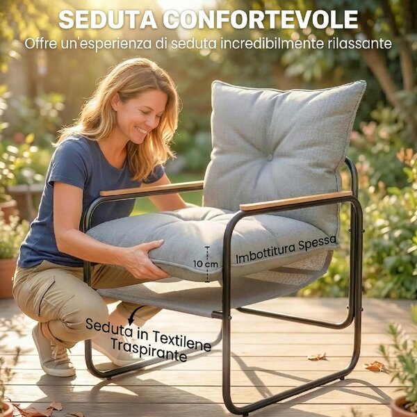 VivaGarden Salotto da Giardino con 2 Poltrone e Tavolino con Cuscini in Metallo/Texteline colore Grigio Scuro