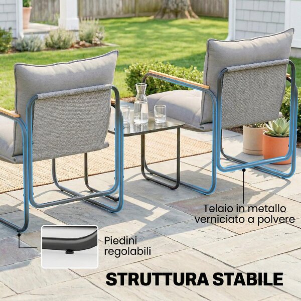 VivaGarden Salotto da Giardino con 2 Poltrone e Tavolino con Cuscini in Metallo/Texteline colore Grigio Scuro