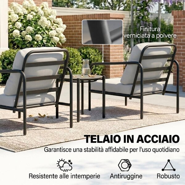 VivaGarden Salotto da Giardino con 2 Sedie e Tavolino in Acciaio con Cuscini in Acciaio colore Nero