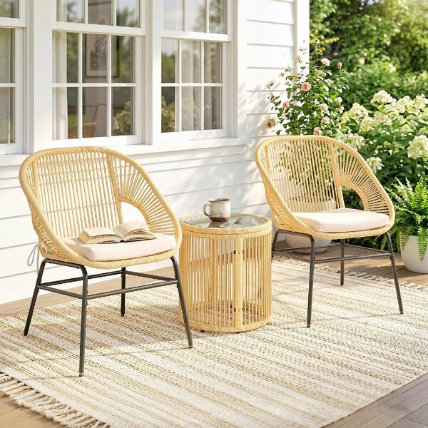 VivaGarden Salotto da Giardino con 2 Sedie e Tavolino in Rattan PE/Acciaio colore Beige