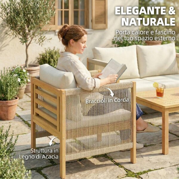VivaGarden Salotto da Giardino con Divano 2 Posti 2 Poltrone e Tavolino con Cuscini in Legno di Acacia colore Beige