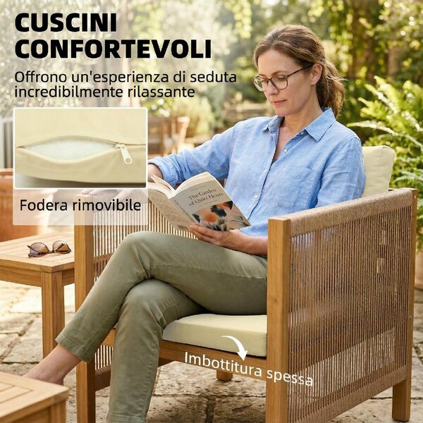 VivaGarden Salotto da Giardino con Divano 2 Posti 2 Poltrone e Tavolino con Cuscini in Legno di Acacia colore Beige