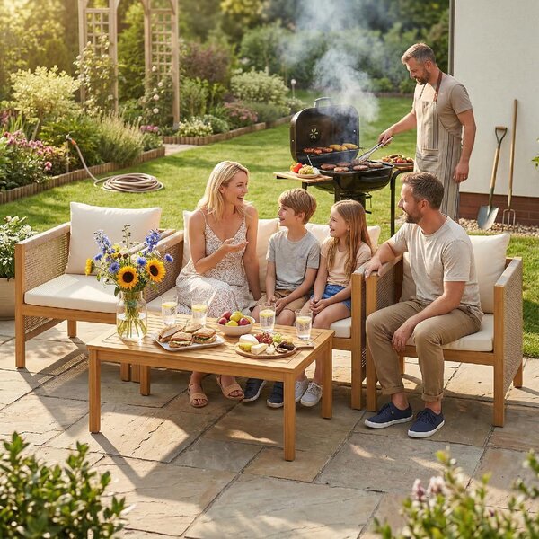 VivaGarden Salotto da Giardino con Divano 2 Posti 2 Poltrone e Tavolino con Cuscini in Legno di Acacia colore Beige