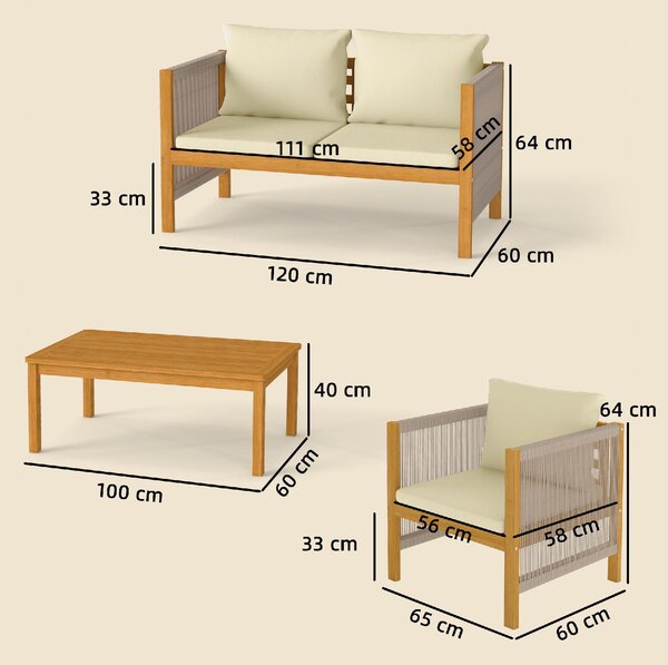 VivaGarden Salotto da Giardino con Divano 2 Posti 2 Poltrone e Tavolino con Cuscini in Legno di Acacia colore Beige
