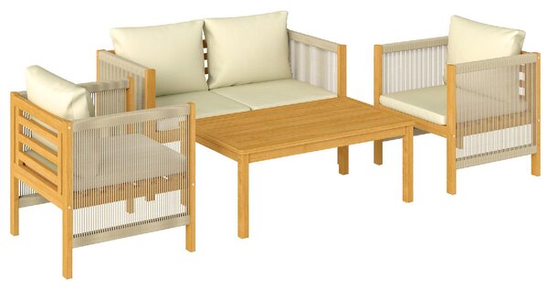 VivaGarden Salotto da Giardino con Divano 2 Posti 2 Poltrone e Tavolino con Cuscini in Legno di Acacia colore Beige