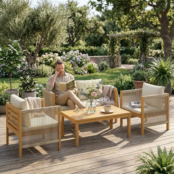 VivaGarden Salotto da Giardino con Divano 2 Posti 2 Poltrone e Tavolino con Cuscini in Legno di Acacia colore Beige