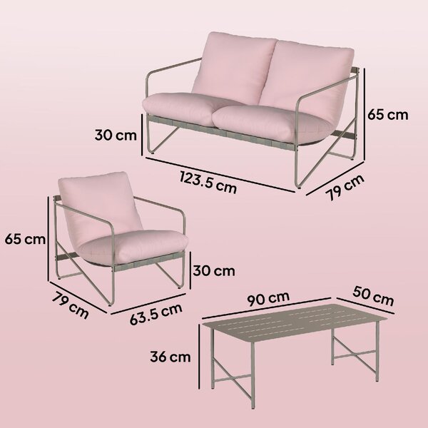 VivaGarden Salotto da Giardino con Divano 2 Posti 2 Poltrone e Tavolino con Cuscini in Metallo colore Rosa