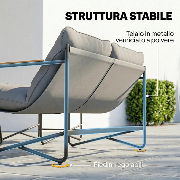 VivaGarden Salotto da Giardino con Divano 2 Posti 2 Poltrone e Tavolino con Cuscini in Metallo colore Grigio Chiaro