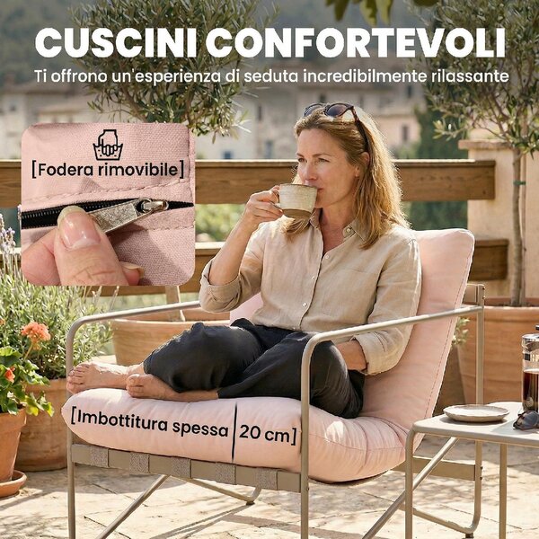 VivaGarden Salotto da Giardino con Divano 2 Posti 2 Poltrone e Tavolino con Cuscini in Metallo colore Rosa