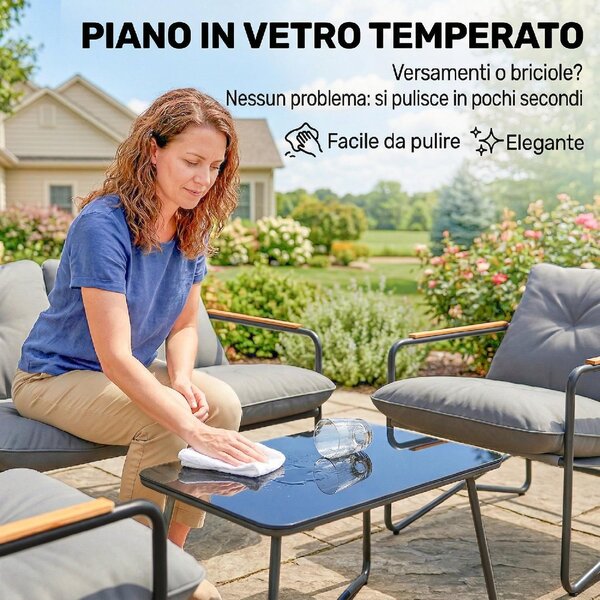 VivaGarden Salotto da Giardino con Divano 2 Posti 2 Poltrone e Tavolino con Cuscini in Metallo colore Grigio Chiaro