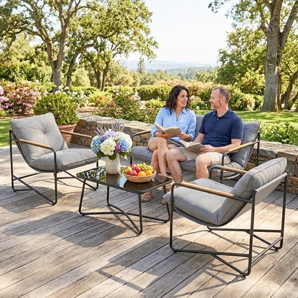 VivaGarden Salotto da Giardino con Divano 2 Posti 2 Poltrone e Tavolino con Cuscini in Metallo colore Grigio Chiaro