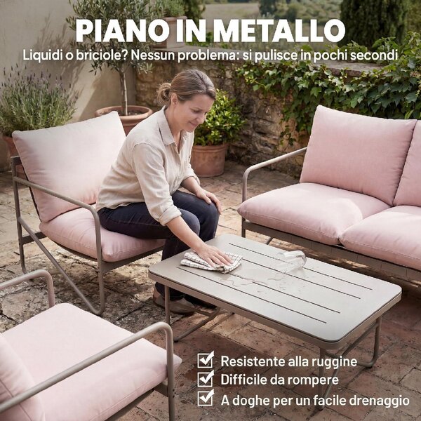 VivaGarden Salotto da Giardino con Divano 2 Posti 2 Poltrone e Tavolino con Cuscini in Metallo colore Rosa