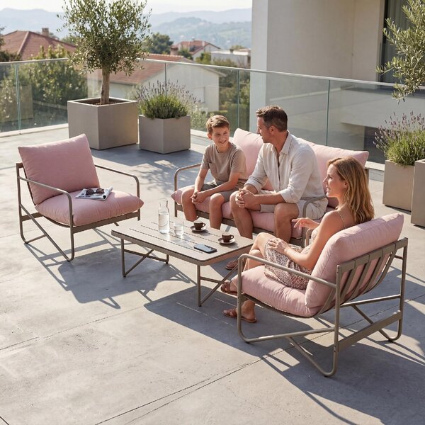 VivaGarden Salotto da Giardino con Divano 2 Posti 2 Poltrone e Tavolino con Cuscini in Metallo colore Rosa