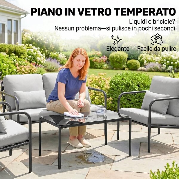 VivaGarden Salotto da Giardino con Divano 2 Posti 2 Poltrone e Tavolino in Acciaio colore Grigio Chiaro