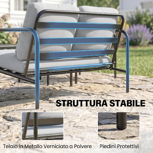 VivaGarden Salotto da Giardino con Divano 2 Posti 2 Poltrone e Tavolino in Acciaio colore Grigio Chiaro