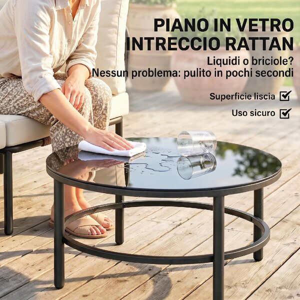 VivaGarden Salotto da Giardino con Divano 3 Posti e Tavolino con Cuscini in Rattan PE colore Cachi