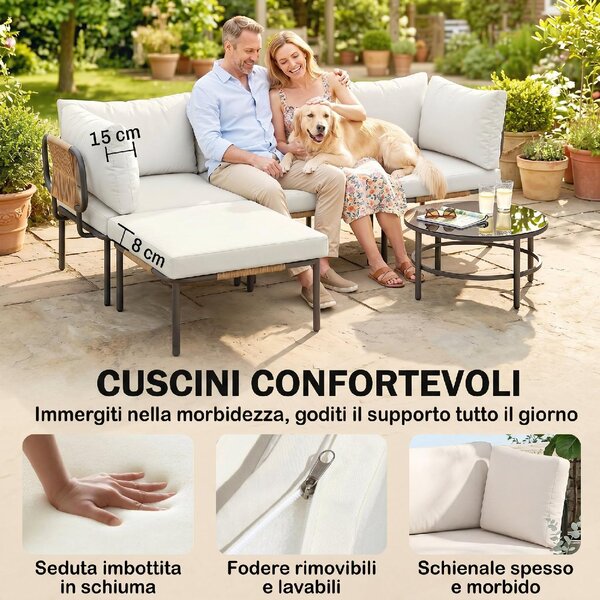 VivaGarden Salotto da Giardino con Divano 3 Posti e Tavolino con Cuscini in Rattan PE colore Cachi