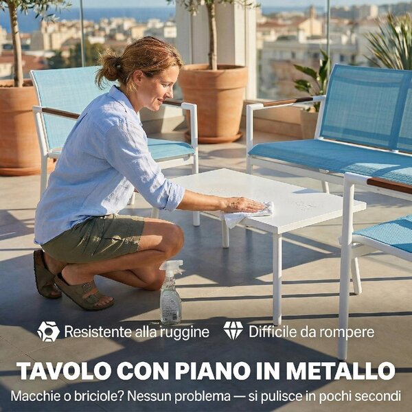 VivaGarden Salotto da Giardino con Divano 2 Posti 2 Poltrone e Tavolino in Metallo colore Blu
