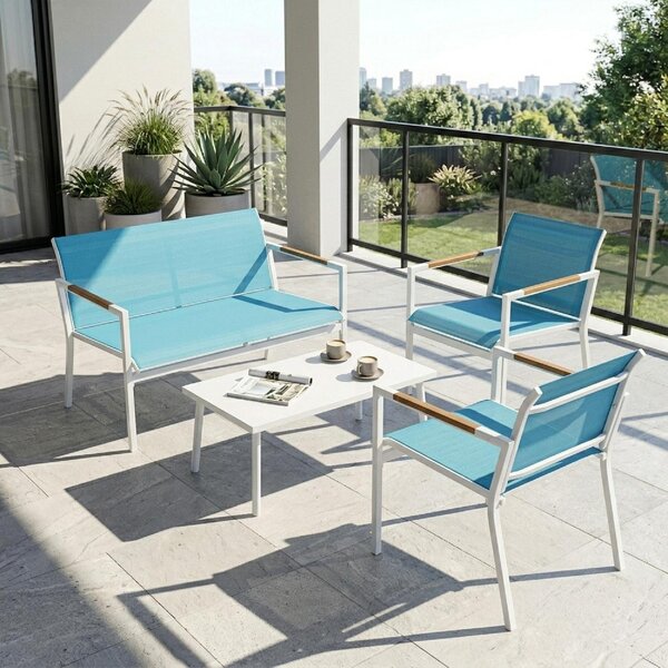VivaGarden Salotto da Giardino con Divano 2 Posti 2 Poltrone e Tavolino in Metallo colore Blu