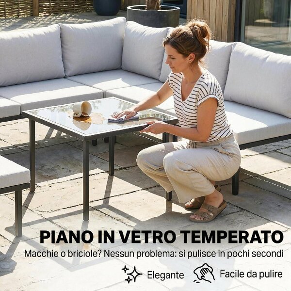 VivaGarden Salotto da Giardino con Divano Angolare 4 Posti 1 Pouf e Tavolino in Metallo colore Grigio Chiaro