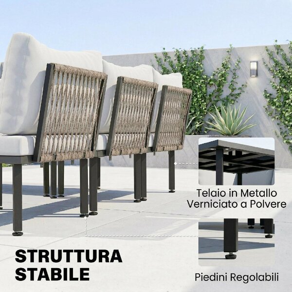VivaGarden Salotto da Giardino con Divano Angolare 4 Posti 1 Pouf e Tavolino in Metallo colore Grigio Chiaro