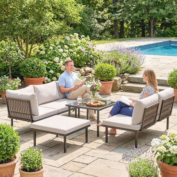 VivaGarden Salotto da Giardino con Divano Angolare 4 Posti 1 Pouf e Tavolino in Metallo colore Grigio Chiaro