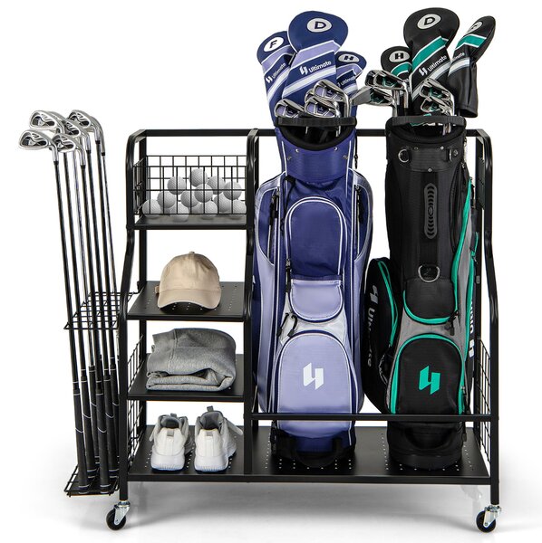 Costway Organizer per borse da golf con extra scaffale di stoccaggio per mazze da golf, Supporto per 2 borse da golf Nero