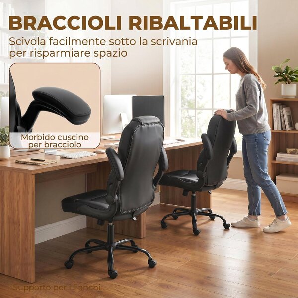 Icon Space Sedia da Ufficio Ergonomica in Ecopelle con Braccioli Ribaltabili Schienale Alto colore Nero