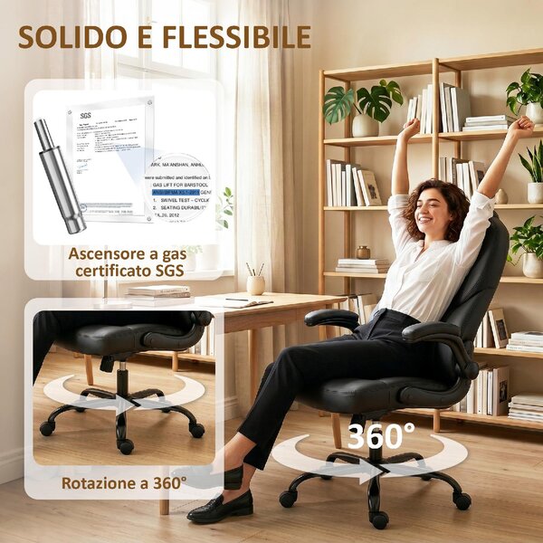 Icon Space Sedia da Ufficio Ergonomica in Ecopelle con Braccioli Ribaltabili Schienale Alto colore Nero