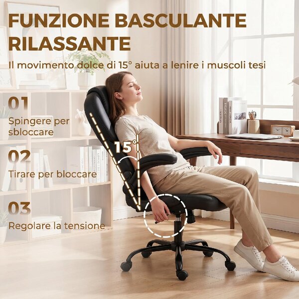 Icon Space Sedia da Ufficio Ergonomica in Ecopelle con Braccioli Ribaltabili Schienale Alto colore Nero